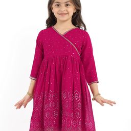 Babyhug Woven Three Fourth Sleeves Ethnic Dress with Sequin & Lace Detailing - Dark Pink-image-97
