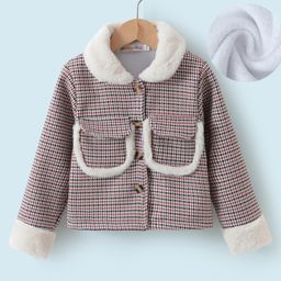 Kookie Kids Full Sleeves Collared Neck Winter Jacket With Checks Design - Brown-image-77