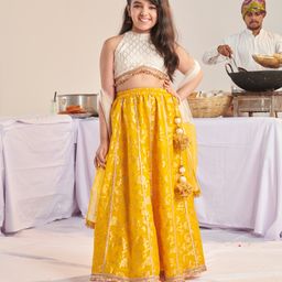 Pspeaches Silk Blend Sleeveless Floral Printed Lehenga Choli With Dupatta - Yellow-image-66