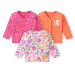 Babyhug 100% Interlock Cotton Knit Full Sleeves Front Open Antibacterial Vests with Polka Dot & Floral Print Pack of 3 - Orange Pink & White-image-96