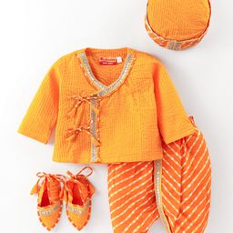 Exclusive from Jaipur Cotton Full Sleeves Foil Printed  Kurta Dhoti Set with Cap & Mojaris - Orange-image-61