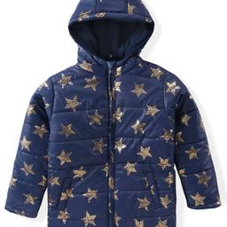 Pine Kids Woven Full Sleeves Front Open Padded Hooded Jacket with Foil Star Print - Navy Blue-image-45