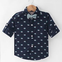 JASH KIDS Cotton Woven Printed Full Sleeves Shirt with Bow Applique - Navy Blue-image-1