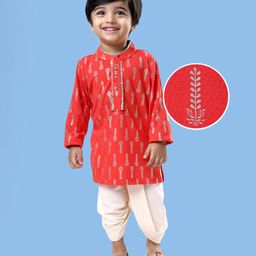 EARTHY TOUCH Single Jersey Knit Full Sleeves Kurta Dhoti Set With Foil Print - Red-picture-17