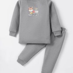Simply Cotton Full Sleeves Animal Print Thermal Vest & Pant - Light Grey-image-61