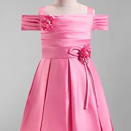 Twetoons Woven Half Cold Shoulder Sleeves Shimmered Party Frock with Floral Applique - Pink-picture-3