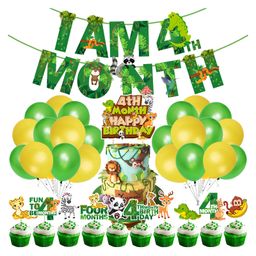Zyozi Jungle Theme 4th Month Birthday Decoration Banner Balloons, Cake and CupCake Topper Yellow Green - Pack of 37-picture-18