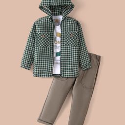 Rikidoos Full Sleeves Checked Hooded Shirt With Typography Printed Tee & Pant - Green & Grey-image-63