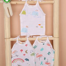 Mom's Home Muslin Organic Cotton Sleeveless Pack Of 3 Flamingo & Unicorn Printed Jhablas - White & Pink-image-119