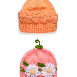 MayRa Knits Pack Of 2 Pearls Embellished & Floral Designed Hand Knitted Caps - Orange & Pink-image-48