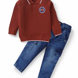 Babyhug Terry Knit Full Sleeves Polo T-Shirt & Denim Jeans Set with Text Print & Patch Detailing - Maroon & Blue-image-66