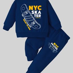 KUCHIPOO Fleece Full Sleeves NYC Skater Text Patch Embroidered Coordinating Sweatshirt & Joggers Set - Blue-picture-25