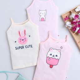 Bumzee Cotton Knit Singlet Sleeves Bunny & Kitten Printed Slips Pack of 3 - Peach & Pink-image-33
