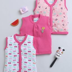 BUMZEE Cotton Woven Sleeveless Jhablas with Floral & Cherries Print Pack of 3 - Pink & White-image-109