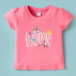 Tango Interlock Knit Half Sleeves Top with Text & Rainbow Print - Pink-image-13