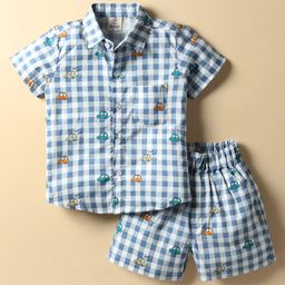 Mini Donuts Cotton Knit Half Sleeves Co-ords Checked Shirt & Shorts Set with Car Print - Light Blue-image-97