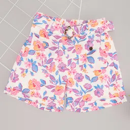 Pantaloons Junior Cotton Floral Printed Shorts With Belt - White-picture-24