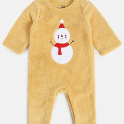 MINI KLUB Cotton Full Sleeves Snowman Patch Embroidered Textured Romper - Beige-image-55