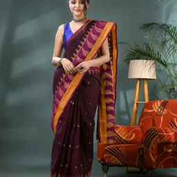 TANTLOOM Ethnic Motifs Woven Design Zari Pure Cotton Taant Saree-picture-43