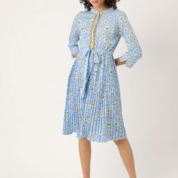 Antheaa Women Blue & White Floral Print Accordion Pleated Fit and Flare Dress & Belt-image-16