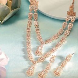Priyaasi Rose Gold American Diamond Layered Necklace & Earring Set-image-69