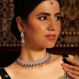 Priyaasi Green American Diamond Necklace, Maangtikka & Earrings Set-17