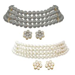 Peora Combo of Grey & White Faux Pearl Beaded Choker Necklace Sets for Women-image-8