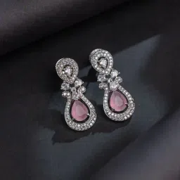 Voylla Silver Sparkling Elegance Glimmer Pink American Diamond Stud Earrings-picture-24