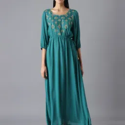 Aurelia Women Green Festive Floral Print Rayon Dress-image-29