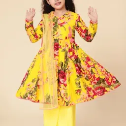 A.T.U.N. Kids Yellow & Pink Cotton Floral Print Full Sleeves Anarkali Set-image-23