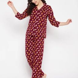 Clovia Maroon Cotton Printed Shirt With Pyjamas-image-64