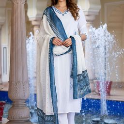 KALINI Embroidered Thread Work Pure Cotton Straight Kurta With Trousers & Dupatta-picture-58
