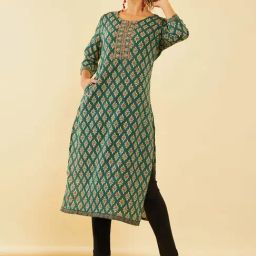 Soch Green Cotton Ajrak Printed Straight Kurta With Embroidery Details-image-102