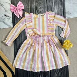 Bella Moda Kids White & Pink Cotton Striped Full Sleeves Dress-image-21
