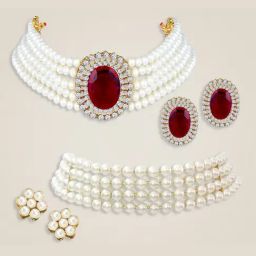 Peora Combo of Maroon Stones Studded & White Faux Pearl Beaded Choker Necklace Sets for Women-image-6