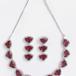 Zeneme Red White AD Studded Rhodium Plated Triangular Jewellery Set image 4