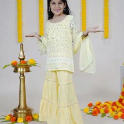 Kiddopanti Girls Light yellow Embellished Kurta, Sharara with Dupatta-picture-25