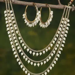 Zeneme Gold Plated White Pearl Drop Layered Jewellery Set-image-66