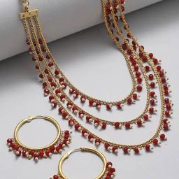 Zeneme Red Gold Plated Pearl Drop Intricate Layered Jewellery Set-image-15