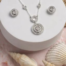 Touch925 925 Silver Radiant Circle CZ Statement Necklace & Earrings Sets-image-32