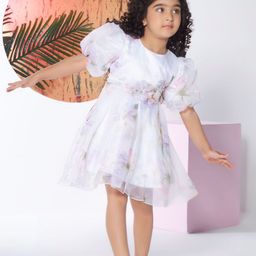 Peppermint Floral Print Puff Sleeve Georgette A-Line Dress-image-62