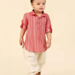 Fabindia Kids Red & Beige Cotton Embellished Full Sleeves Kurta & Pyjama-image-25