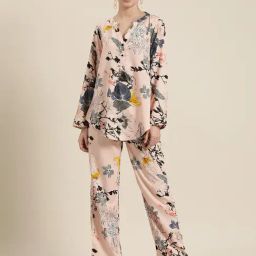 Qurvii Peach Printed Top With Pants-11