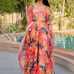 HOUSE OF JAMOTI Orange Printed Anarkali Kurta With Dupatta-image-48