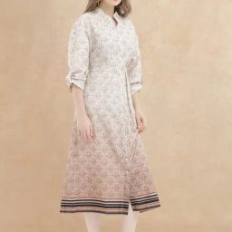 RAREISM Beige Cotton Printed Long Sleeves Dress-image-73
