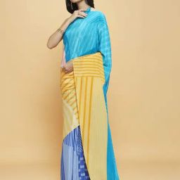 navyasa by liva Blue & Yellow Printed Saree With Unstitched Blouse-picture-21