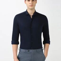 Peter England Navy Cotton Slim Fit Print Shirt-image-77