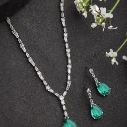 NVR Green Statement American Diamond-Studded Necklace & Earring Sets-46