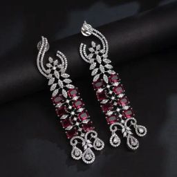 Voylla Silver Sparkling Elegance Crimson Ruby American Diamond Drop Earrings-picture-5