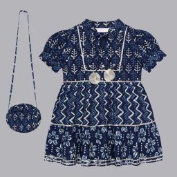 Budding Bees Girls Navy Floral Print Dress with Sling Bag-image-63
